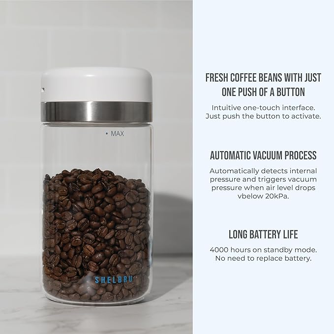 Smart Coffee Container & Food Storage w/Electric Vacuum Seal, Airtight Coffee Canister for Whole & Ground Bean Storage, Durable Borosilicate Glass Jar, Charging Cable Included, 10.5oz / 250g
