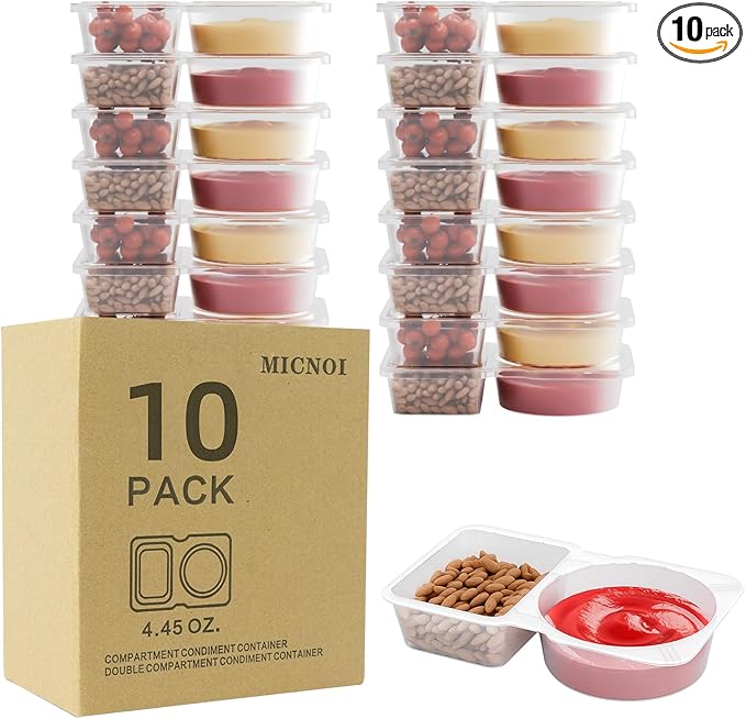 10 Pack Snack Containers, Reusable 2 Compartment Condiment Containers with Lids, Ideal for On-the-Go Mini Sauce Boxes & Lunchable Snack Packs for Kids and Adults, BPA-Free