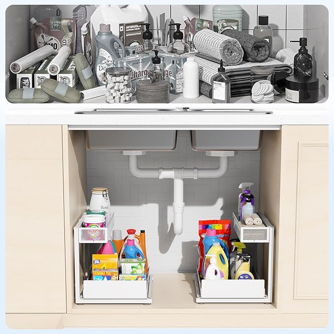 2 Pack Under Sink Organizer and Storage, 2 Tier Pull Out Cabinet Organizer, Slide Out Under Sink Storage Shelf, Undersink Organizers Shelves for Kitchen Bathroom Pantry Organization (White)