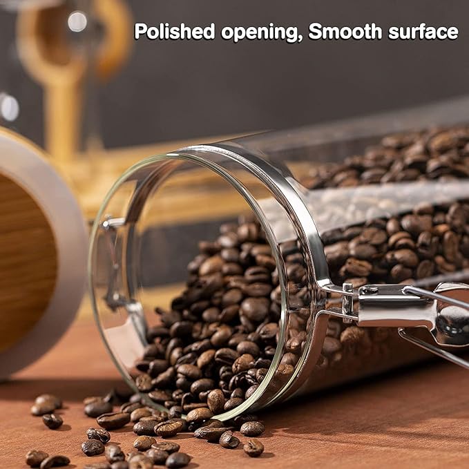 Yangbaga Glass Coffee Containers with Shelf, 2 x 45 oz Coffee Bean Storage with Airtight Locking Clamp and Bamboo Spoon, Large Capacity Food Storage Jar for Kitchen