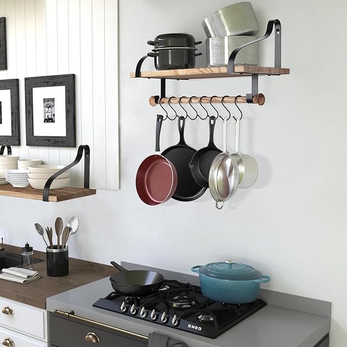 Gurfury Wooden Hanging Pot Rack with 8 Hooks - Farmhouse Style Wall Mount Multifunctional Cookware Organizer Rack Kitchen Storage for Pans Utensils (Natural)