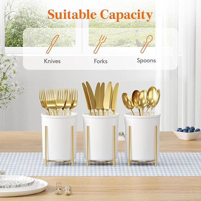 Lifewit 1-Pack Plastic Silverware Holder for Kitchen Countertop, Cutlery Flatware Caddy with Metal Bracket, Utensil Spoon Fork knives Organizer for Party Picnic, Gold