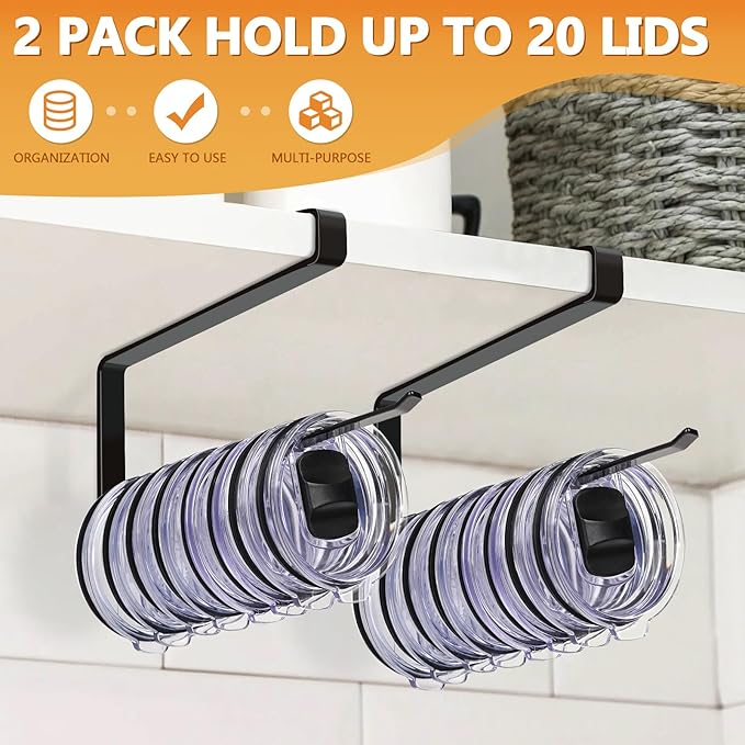 Tumbler Lid Organizer 2 Pack Tumbler Lid Storage Hook Up to 20 Lids, Space Saving Cup Lid Holders Under Cabinet Tumbler Lid Hanger for Kitchen Storage, Horizontal Paper Towel Hanger (Black)