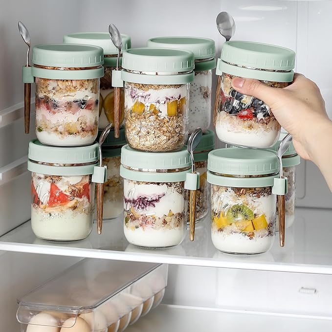 LANDNEOO 6 Pack Overnight Oats Containers with Lids and Spoons, 16 oz Glass Mason Overnight Oats Jars, Large Capacity Airtight Jars for Milk, Cereal, Fruit(Green)