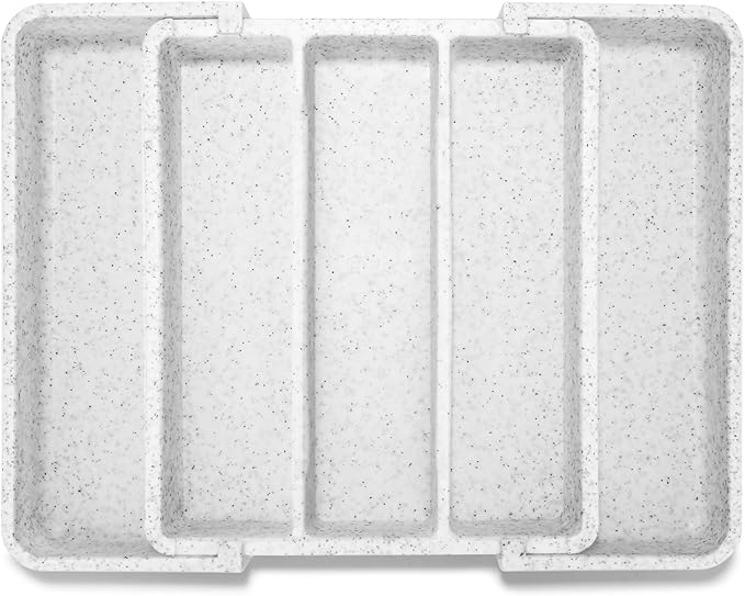 Utensil Drawer Organizer for Kitchen Cutlery, Expandable Large Silverware Organizer, Adjustable Cooking Utensil Tray, Plastic Spatula Tools and Gadgets Storage Divider, Marble Design, White