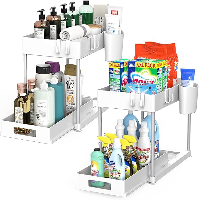 Under Sink Organizers and Storage, 2 Pack Large Capacity Heavy Load Pull-out Under Sink Shelves with Sliding Drawer for Kitchen and Bathroom, White