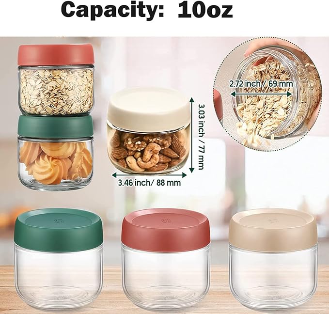 3Pack Overnight Oats Containers with Lids,10oz Glass Jar with Scew Lid,Salad Dressing Fruit Veggies Sauce Snacks Meal Prep Food Containers,Spice Jars,Wide Mouth Storage Containers