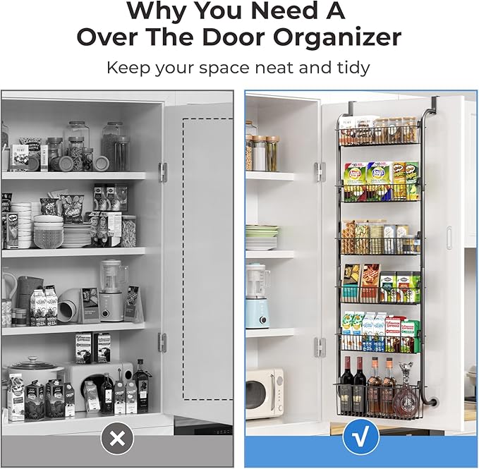 Over The Door Pantry Organizer, 6-Tier Pantry Door Organizers and Storage, Metal Over The Door Organizer, Pantry Door Organizer for Kitchen, D6 x W17 x H60 inch, Black