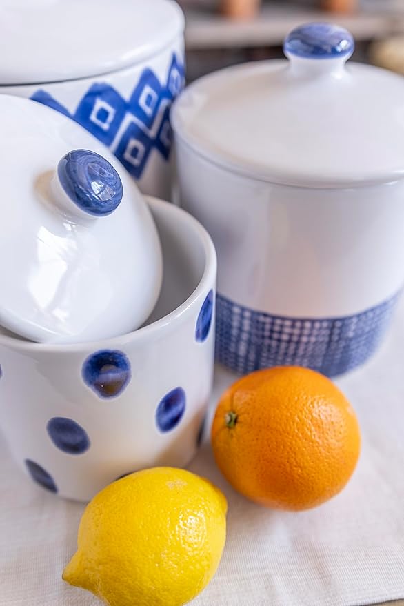 Vietri Viva Santorini White and Blue Dot Small Canister, 5" D Ceramic Earthenware White Canister, Kitchen Canister