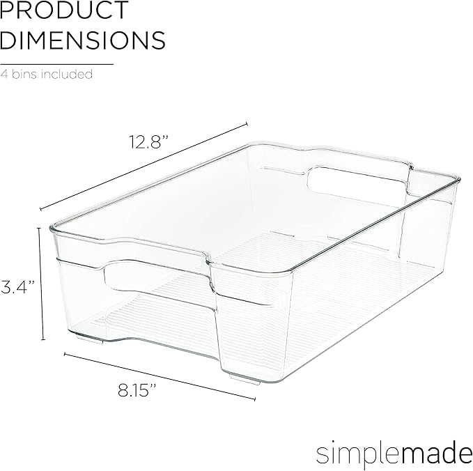 SIMPLEMADE Clear Refrigerator Organizer Bins - Clear Bins for Fridge, Containers for Fridge and Freezer, Multipurpose Storage for Kitchen, Office, Bathroom, Pack of 4 (8" x 12")