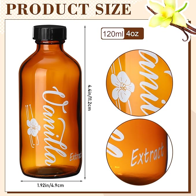 Uiifan 12 Pack 4 oz Amber Glass Bottle Boston Round Bottles with Caps Brown Vanilla Extract Bottles High Temperature Screen Printing for Syrup Gift Glass Food Storage Canister Set Sauce Beans