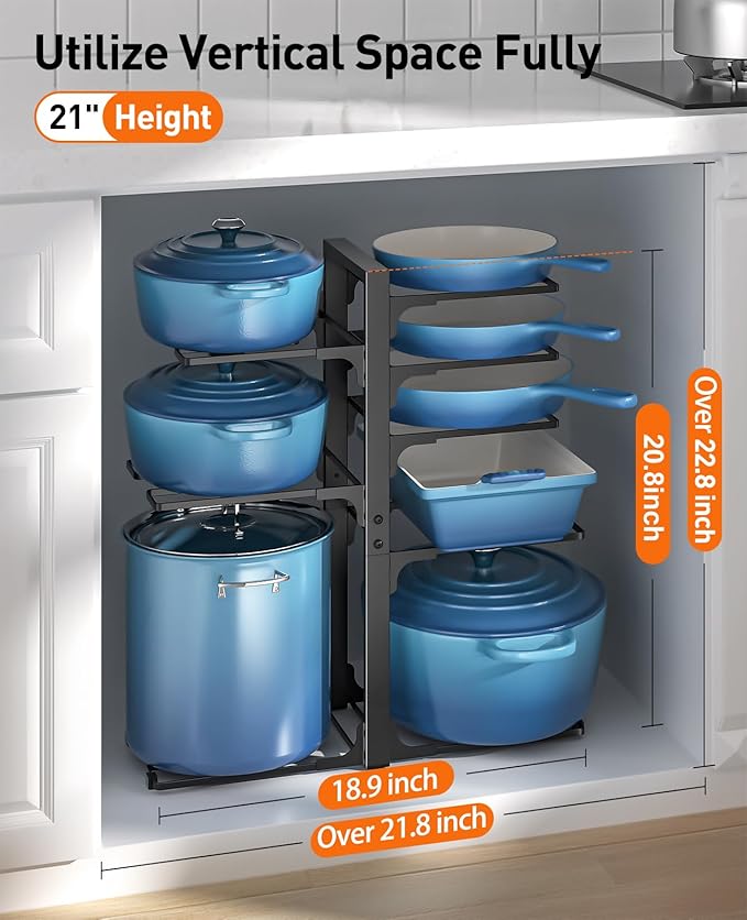 ORDORA Pots and Pans Organizer: under Cabinet, 20.8" Height Heavy Duty 120LBS Pots Pans Organizer Rack for under Cabinet 8-Tier Adjustable for Big Stockpots, Dutch Oven, Cast-iron Pans, Heavy Cookware