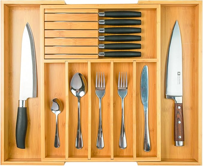 Wencrfat Silverware Drawer Organizer with Removable Knife Block and Dividers, Expandable Bamboo Kitchen Drawer Organizer, Flatware Utensil Cutlery Organizer for Drawer 8 Compartments