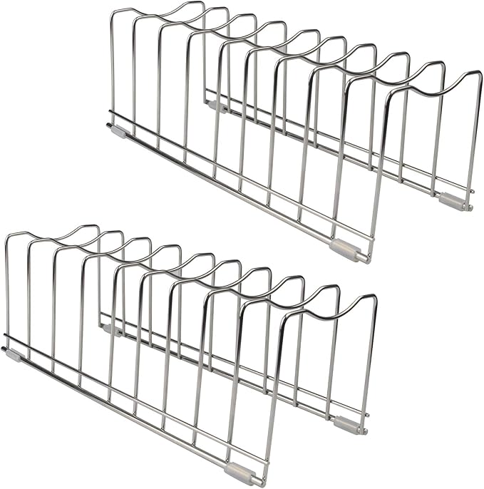 Pot Lid Organizer, Pot and Pan Lid Holder Kitchen Pot Lid Rack, Best Organization Tool Suitable for Baking Pan, Cutting Board, Trays (2 PCS, 8 Silicone Foot Covers)
