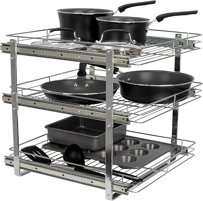 Household Essentials Glidez Multipurpose Chrome-Plated Steel Pull-Out/Slide-Out Triple-Sliding Storage Organizer for Cookware and Bakeware - 3-Tier Design - Fits Standard Size Cabinet or Shelf, Chrome