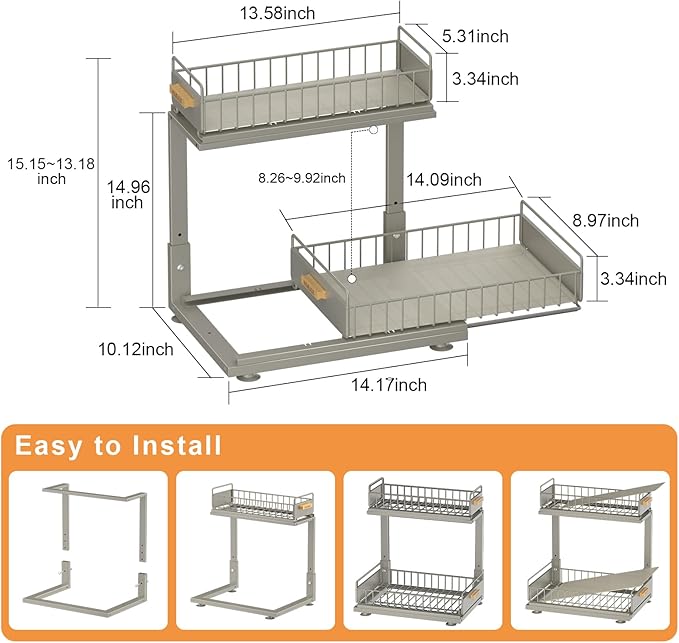 Under Sink Organizer, High Adjustable 2 Tier Under Kitchen Sink Organizer, Multi-Purpose Storage Shelf for Kitchen Bathroom Cabinet, Gray