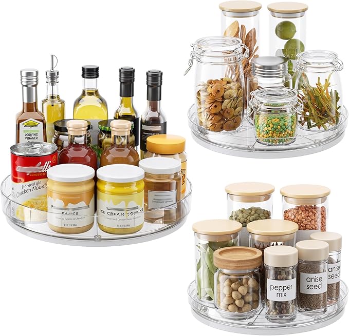 LAMU 3 Pack Lazy Susan Organizer, Clear Lazy Susan Turntable for Cabinet, Pantry Lazy Susan Organizer, Lazy Susan Spice Rack for Refrigerator or Table Top, 1×11.4" + 2×9"