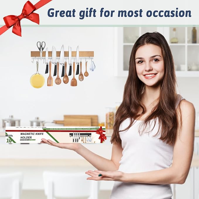 17 Inch Magnetic Knife Holder for Wall - Pailexin Wooden Magnet Knife Strip No Drill with 10 Hooks/Adhesive Tape/Screws, Kitchen Utensil Holder, Magnetic Knife Organizer, Wall Mounted Knife Storage
