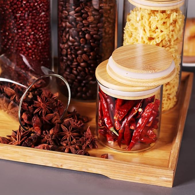 Glass Jars with Airtight Wooden Lids, 8 Pack Flour and Sugar Containers, Glass Canister Set for Coffee Container, Loose Leaf Tea Storage, Cookie Jar (15OZ&27OZ)