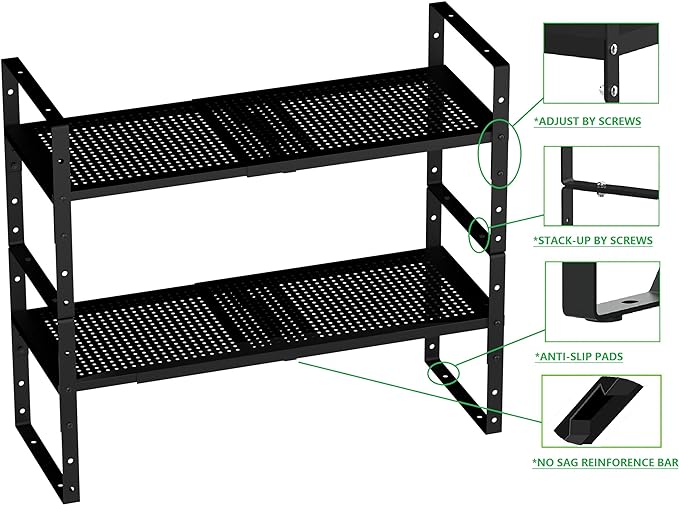 Expandable Spice Rack, Stackable Metal Pantry Storage Shelves Stand, Adjustable Height Cabinet Shelf Organizer Racks(3PACKS/BLACK,LARGE)