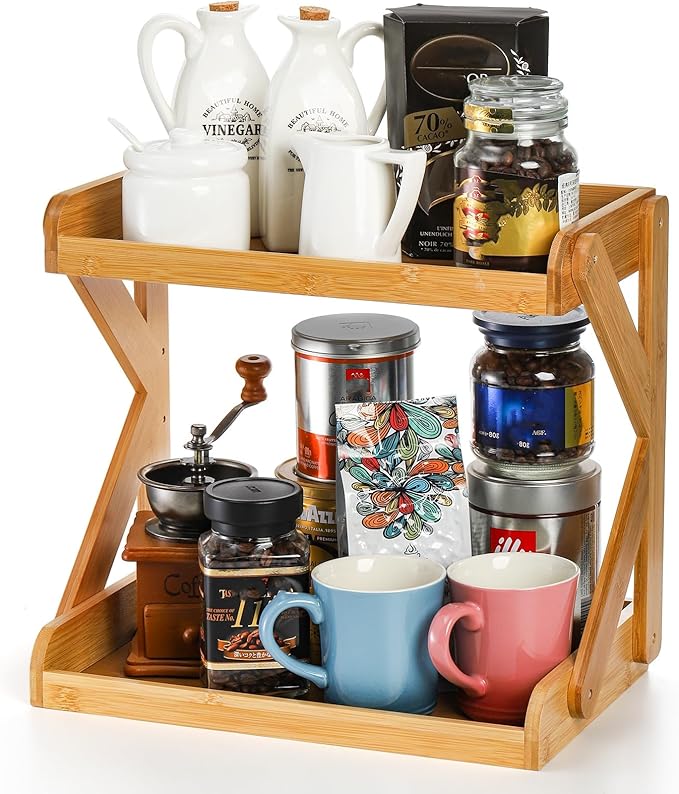 AVLA 2-Tier Coffee Station Organizer, Bamboo Kitchen Counter Shelf, Countertop Spice Condiment Rack Syrup Storage Holder, Tea Station Stand for Coffee Bar Accessories, Office, Home, Desktop