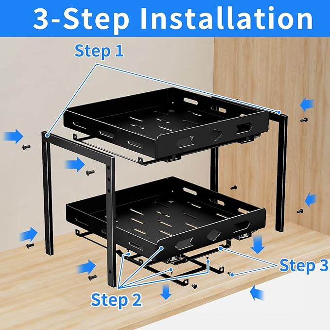 Pull Out Spice Rack Organizer, 2-Tier Vertical Spice Rack, Height Adjustable for Kitchen Cabinet (11.9''Wx10.8''Dx9.2''H, Metal Black)