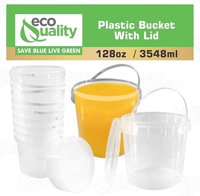 1 Gallon (128 oz) Clear Plastic Bucket with Lid and Handle (1 Pack), Ice Cream Tub with Lids - Food Grade Freezer and Microwave Safe Food Storage Containers, Round Plastic Pail Container, BPA Free
