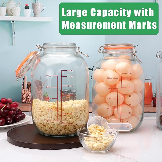 Encheng 1-Gallon Round Glass Storage Jars with Hinged Lids,Extra Wide Mouth Glass Canning Jars with Scoop and Measurement Marks,Large Glass Containers for Fermenting,Pasta,Pickles,Sun Tea