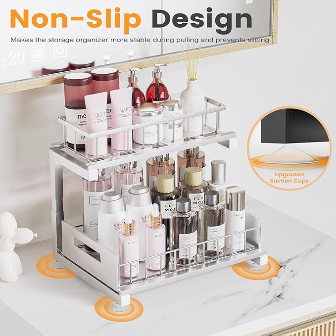 2 Pack Under Sink Organizer, 2-Tier Heavy Duty Metal Pull Out Cabinet Organizer Slide Out Sink Shelf Organizer Height Adustable, Multi-Purpose Storage Shelf for Kitchen Bathroom (Silver, 2 Pack)