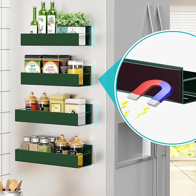 4 Pack Moveable Fridge Magnetic Spice Racks,Metal Green
