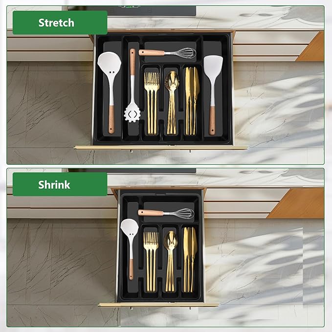 Utensil Drawer Organizer, Expandable Silverware Drawer Organizer Adjustable Kitchen Drawer Organizer Cutlery Drawer Utensil Tray Flatware Tray for Forks Spoons Knife Organizer(Large, Black)