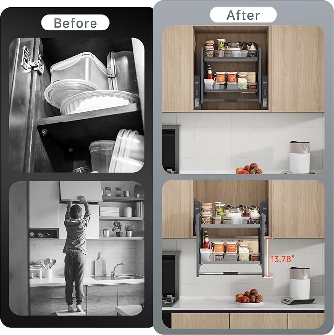 30~32'' Pull Down Shelf for Kitchen Upper Cabinet, Heavy Duty Cabinet Organizer, 2 Tier Kitchen Cabinet Pull Down Shelf Large Storage Space, Grey