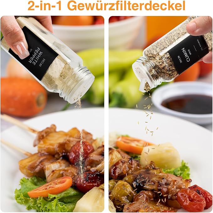 6 Pcs Glass Spice Jars with Lids, 4oz spice jars with label, seasoning containers Set, Comes with spice bottle caps, Silicone Collapsible Funnel,chalk, for Spice Rack, Cabinet, Drawer
