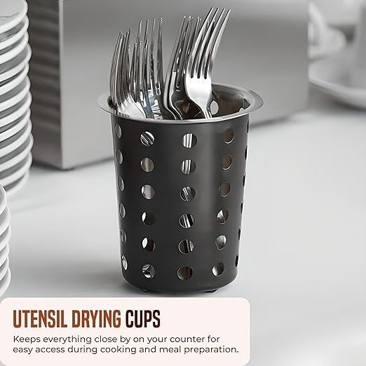 OCS Parts Stainless Steel Utensil Drying Cups | Matte Black | Perforated Kitchen Flatware and Silverware Holder