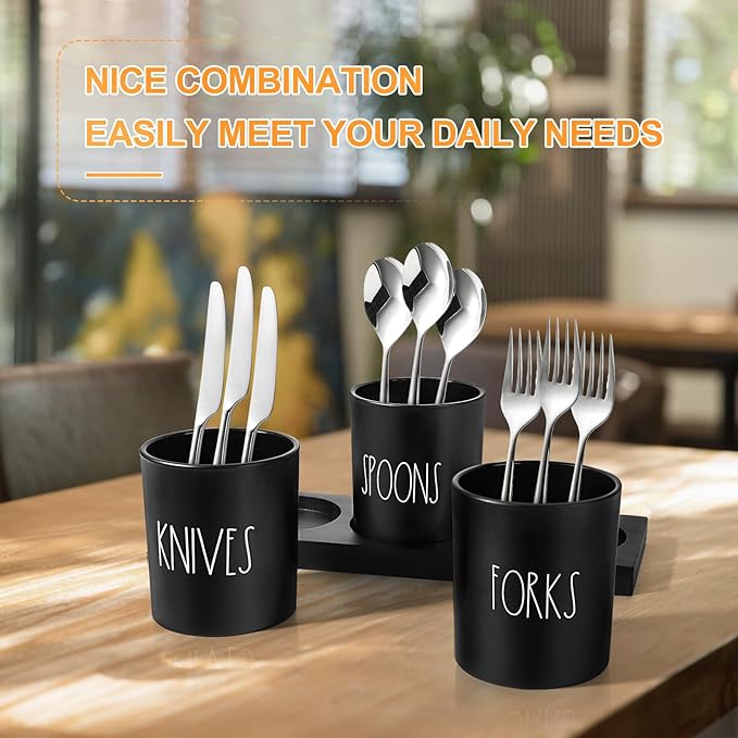 Silverware Caddy, 4 Pieces Kitchen Utensil Holder for Countertop, Black Utensil Holder for Party, Silverware Holder for Party with Wood Tray, Farmhouse Cutlery Holder Storage Organizer