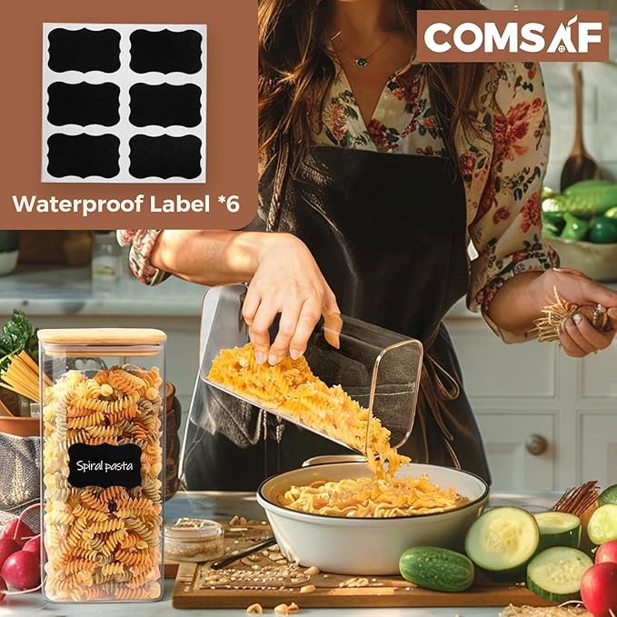 ComSaf 63oz Rectangle Glass Storage Containers with Lids, Glass Jars with Bamboo Lids, Clear Food Jar, Square Canister Set of 3, Pantry Organizers and Storage for Flour Pasta Coffee Bean