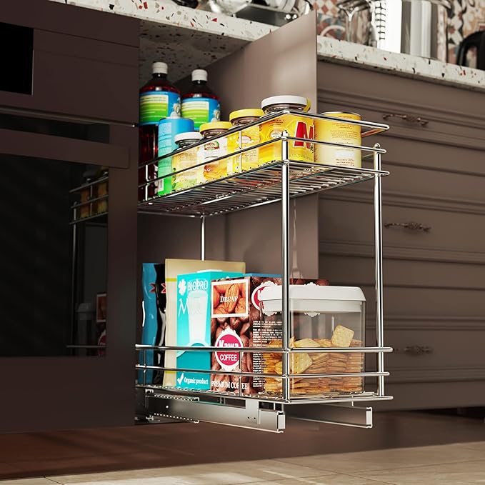 LOVMOR Pull Out Cabinet Organizer and Storage (5" W x 21" D) 2-Tier Pull Out Shelf Storage for Kitchen Base Cabinet Silver(5" W x 21" D, Silver, Roll on Top)