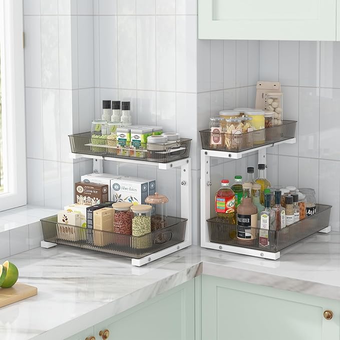 ADRIMER Under Sink Organizer 2 Packs, Pull Out Kitchen Sink Organizer, 2 Tier Slide Out Kitchen Organizers and Storage Bathroom Under Cabinet Storage Shelf, Grey
