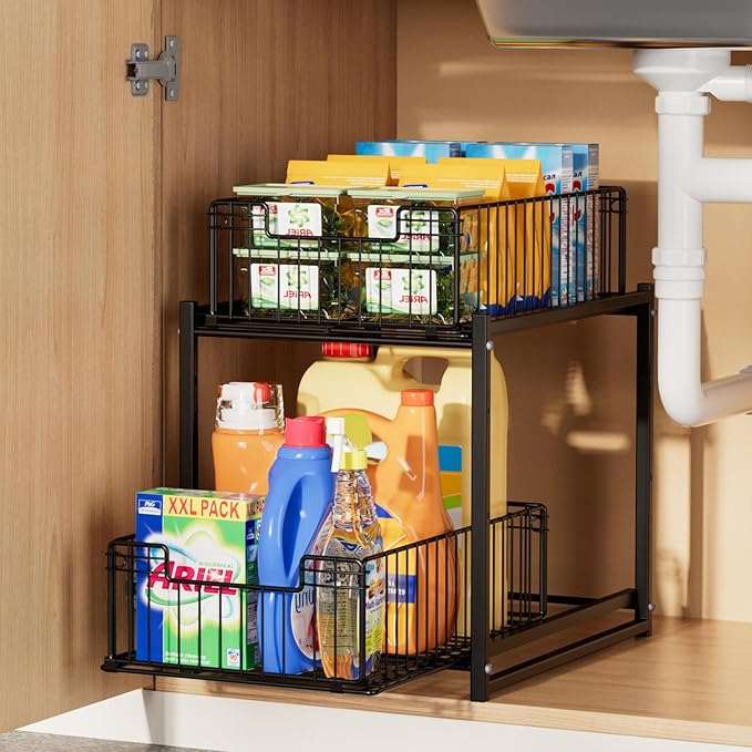Under Sink Organizer, 2-Tier Pull Out Cabinet Organizer, Kitchen Bathroom Organizer and Storage, Spice Rack for Kitchen, Multi-use Sliding Drawers Shelves (1 Pack)