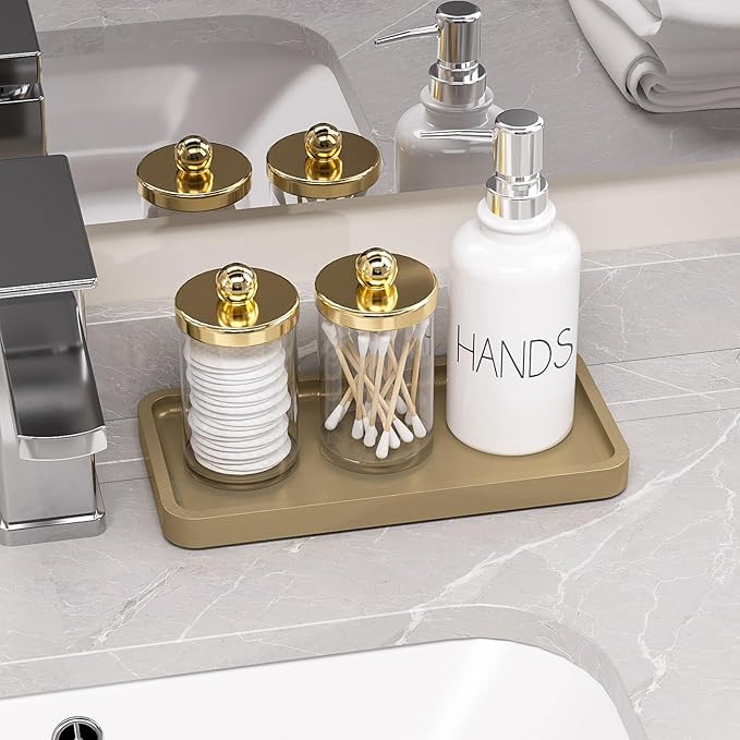 Weenson Gold Bathroom Vanity Tray for Countertop Makeup Perfume Jewelry Decor Candle Keys, Bamboo Kitchen Tray for Soap Dispenser Spice, Small Toilet Tray Nightstand 7.9" L x 4" W x 0.79" H