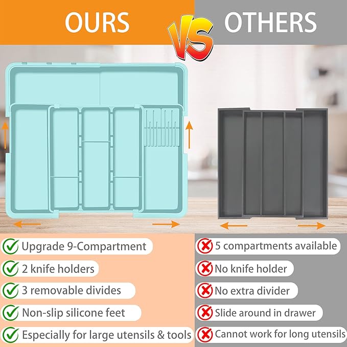 Utensil Drawer Organizer for Kitchen, Expandable Silverware Organizer Cooking Utensils Tray, Large Cutlery and Flatware Holder, Kitchen Tools & Gadgets Storage (Turquoise)