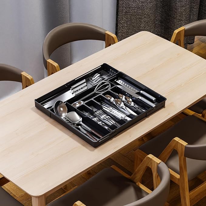 Expandable Silverware Organizers for Kitchen Drawers,Large BPA Free Cutlery Organizer in Drawer,Plastic Utensil Drawer Organizer Suitable as Flatware,Knife,Fork,Spoon,Silverware Holder and Tray,Black