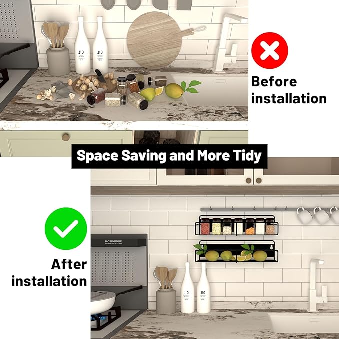 Magnetic Spice Rack for Refrigerator, 4 Pack Strong Magnetic Shelf Kitchen Organizer with 4 Hooks and Adhesive Stickers Black