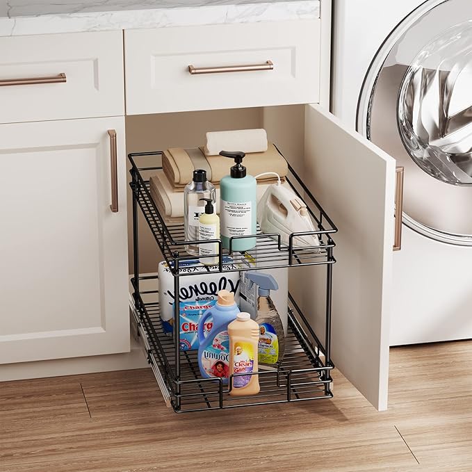 LOVMOR Cabinet Organizer, 2-Tier Pull Out Cabinet Organizers 11" W x 21" D, Pull Out Home Organizers Chrome Pull Out Drawer for Base Cabinet Black