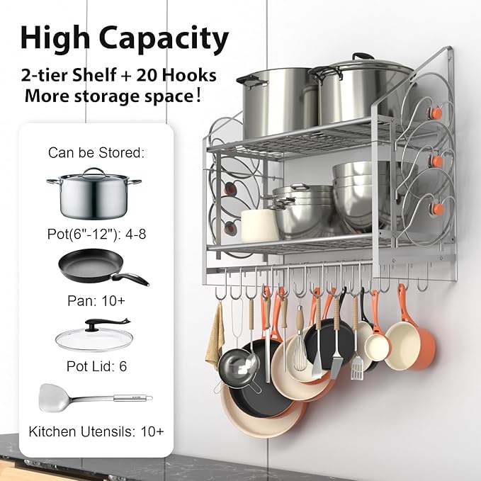 35 Inch Pot Rack Wall Mounted, 2 Tier Pots and Pans Organizer with 20 Hooks and 6 Pot Lid Holders, Heavy Duty Steel Pot and Pan Hanger for Kitchen Cookware Utensils Storage, Silver