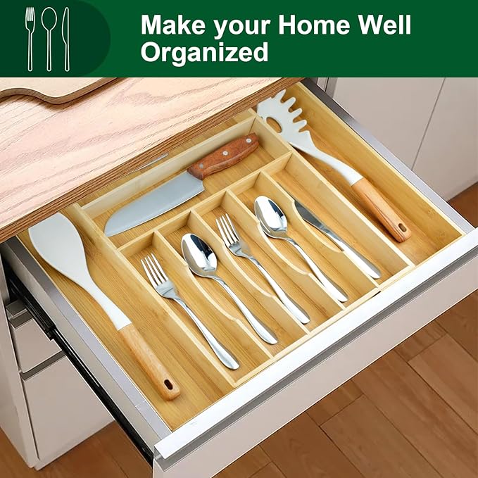 Expandable Drawer Organizer for Silverware Flatware Knives, Kitchen Utensil Organizer, Utensil Holder, Bamboo Wood Cutlery Tray in Drawer for Spoons Forks