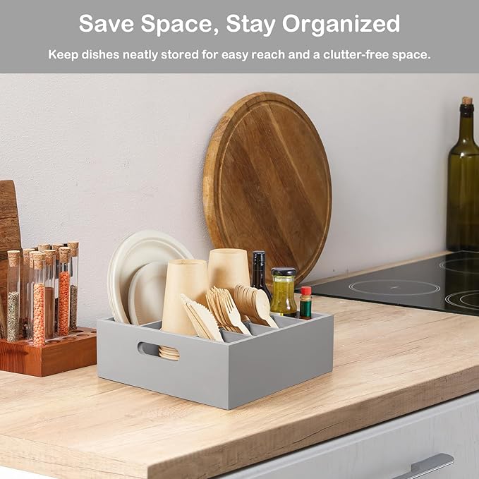 Gray Wood Utensil Holder for Party - Paper Plate Organizer for Countertop - Silverware Caddy with 6 Compartments for Plate Cup Fork Spoon - Cutlery Holder for Kitchen Camping Buffet