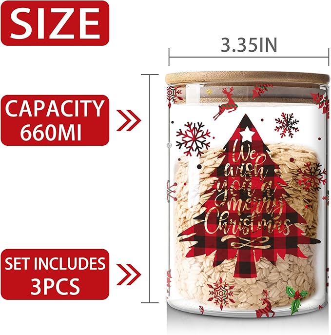 Christmas Plaid Glass Storage Jars Set with Airtight Bamboo Lids - Clear Christmas Home Decor