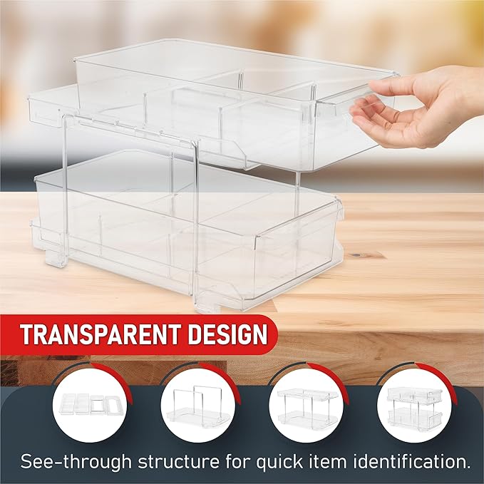Masirs 2-Tier Clear Pull-Out Drawer Organizer - Sleek, Compact & Sturdy Makeup and Closet Organizer - Easy Assembly Kitchen Storage Solution, Ideal for Makeup, Tools, Medicines & Snacks
