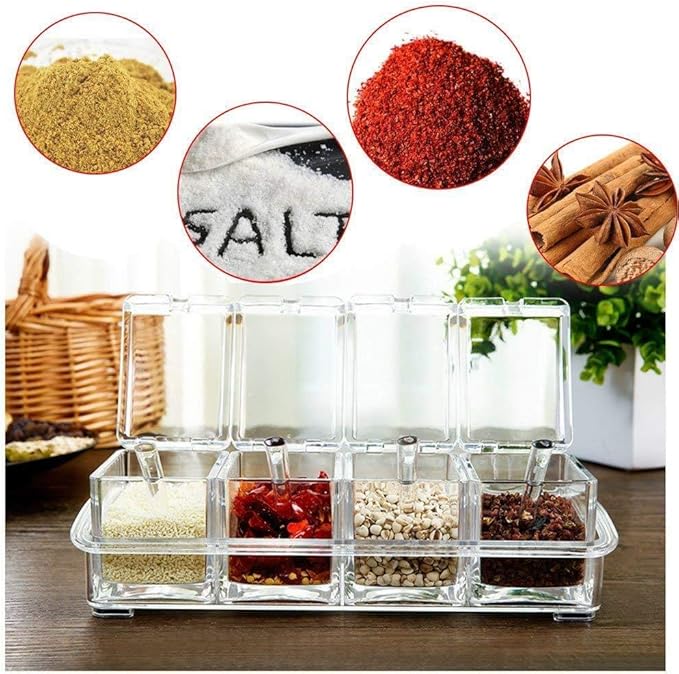 Clear Seasoning Rack Spice Pots by AIQI - 4 Piece Acrylic Seasoning Box - Storage Container Condiment Jars - Cruet with Cover and Spoon